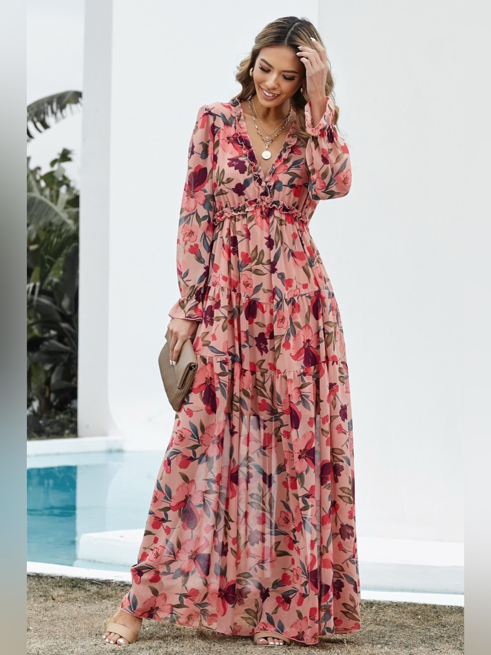 Floral Frill Trim Flounce Sleeve Plunge Maxi Dress